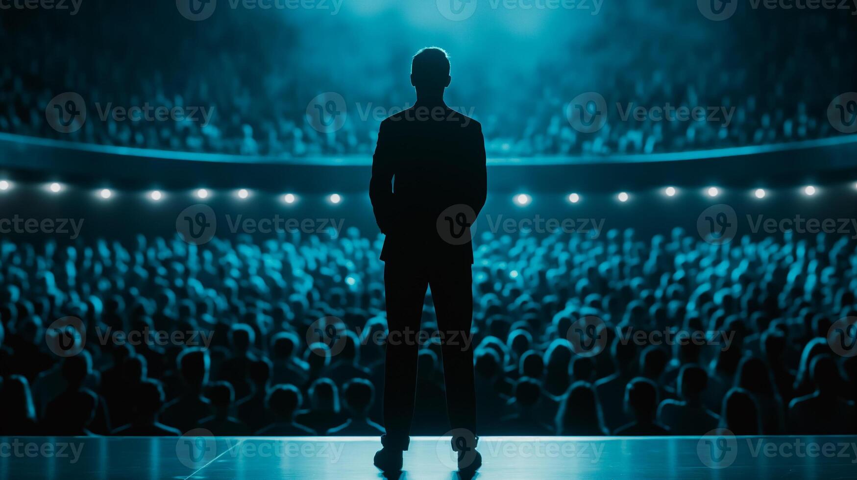 Wide shot of a person giving a speech on stage, basking in the applause from the audience photo