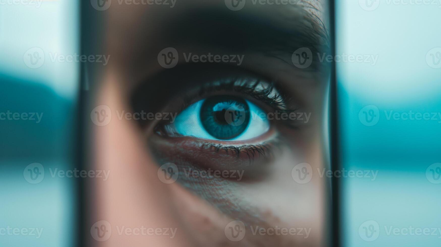 Closeup of a person looking at their reflection on a smartphone screen, symbolizing vanity photo