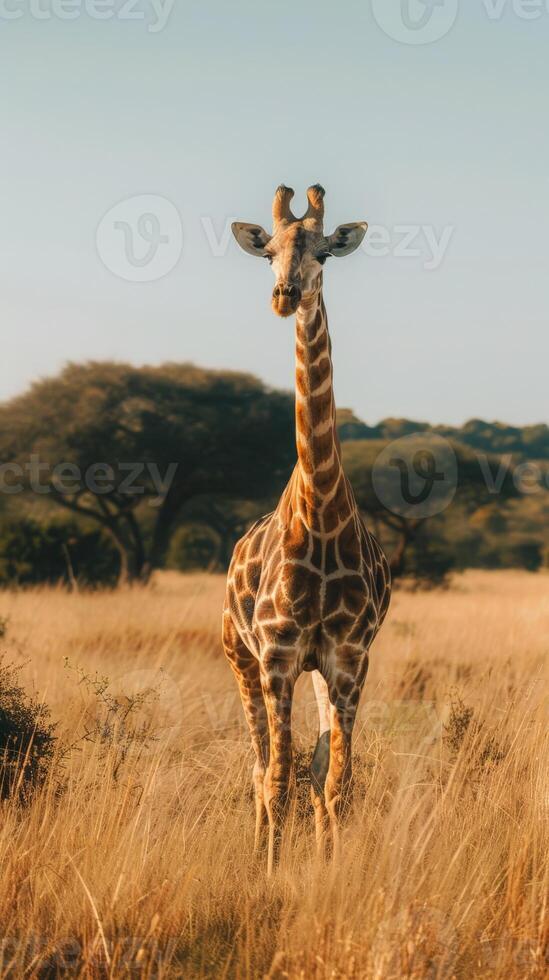 A giraffe stands in a tall grassy field, looking directly at the camera photo