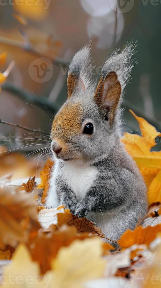 A young squirrel sits amongst colorful leaves in a forest photo