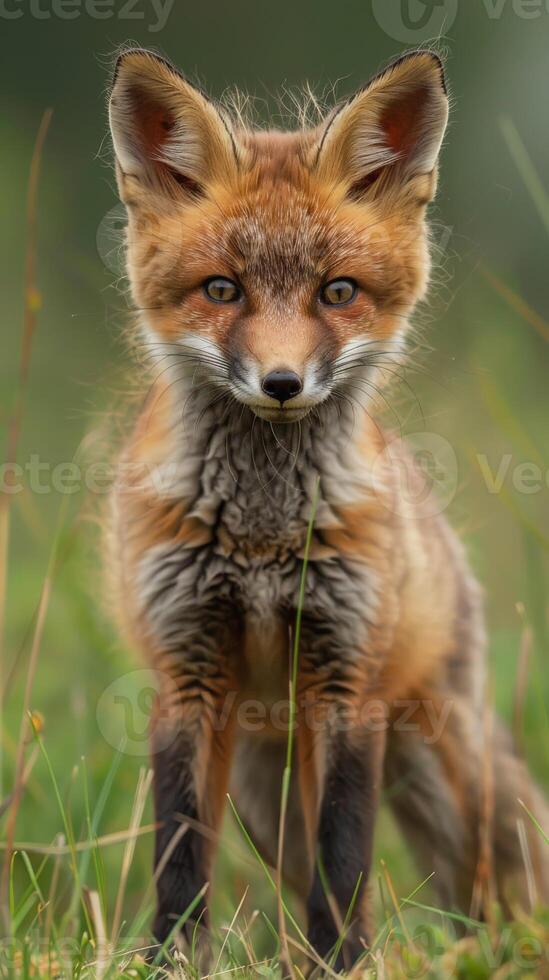 A young fox stands in a field of green grass photo