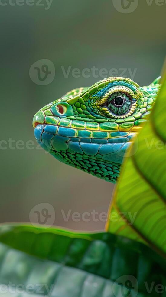A lizard with green and blue scales peeks out from behind a large green leaf photo