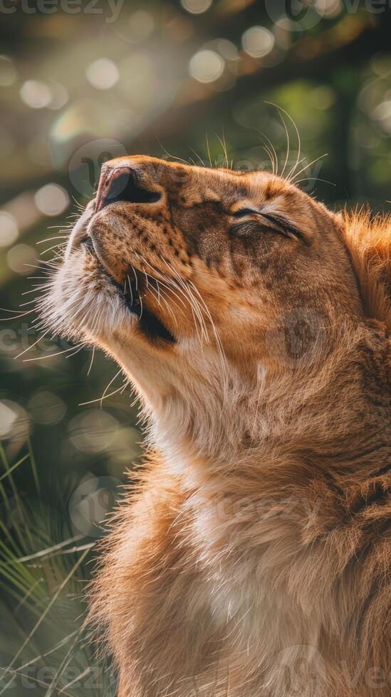 Close-up of a lioness with its head tilted up, basking in the sunlight photo