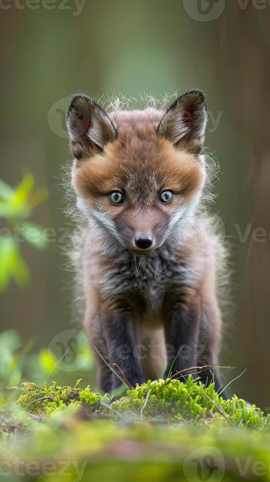 A red fox kit stands on moss, looking directly at the camera photo