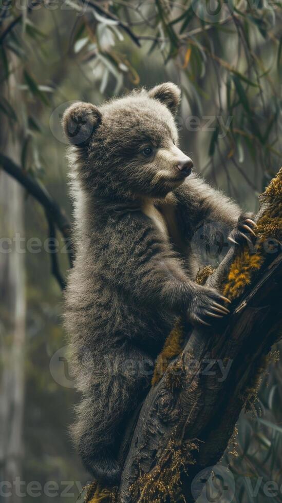 A brown bear cub climbs a tree in a lush forest photo