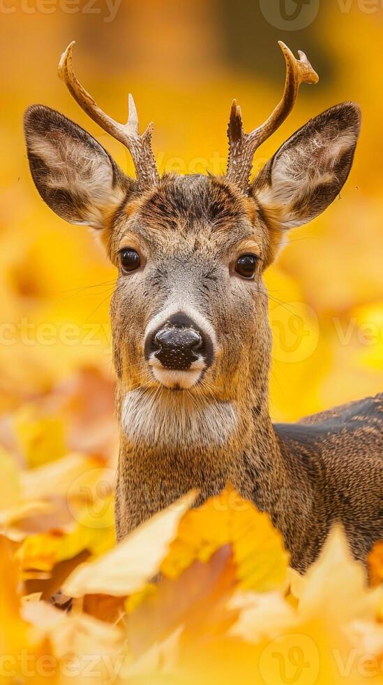 A close-up of a young deer in a forest, surrounded by vibrant autumn foliage photo