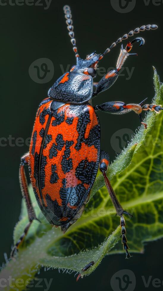 A colorful beetle with red and black markings rests on a green leaf photo