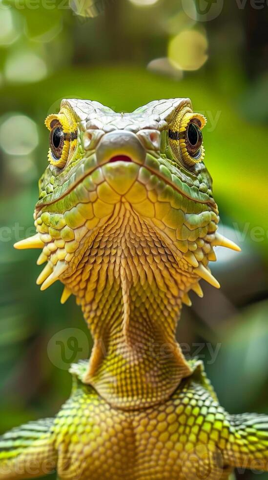 A close-up portrait of a green lizard with bright eyes photo