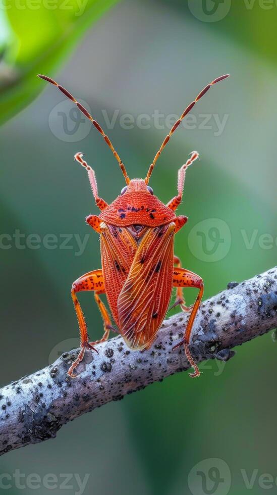 A red stink bug sits on a branch with its wings spread photo