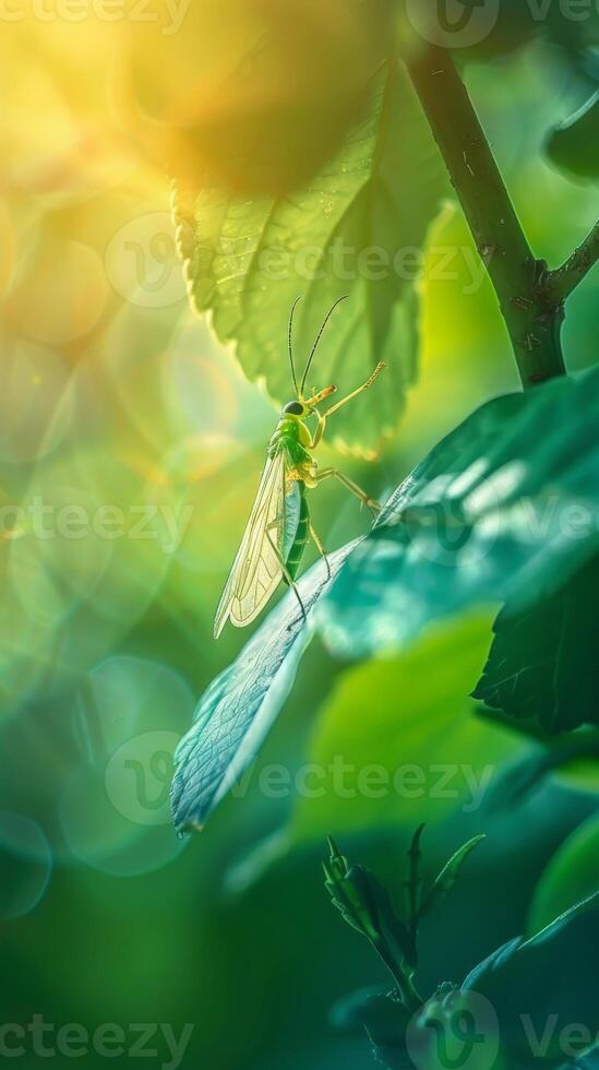 A delicate green lacewing insect rests on a leaf bathed in warm sunlight photo