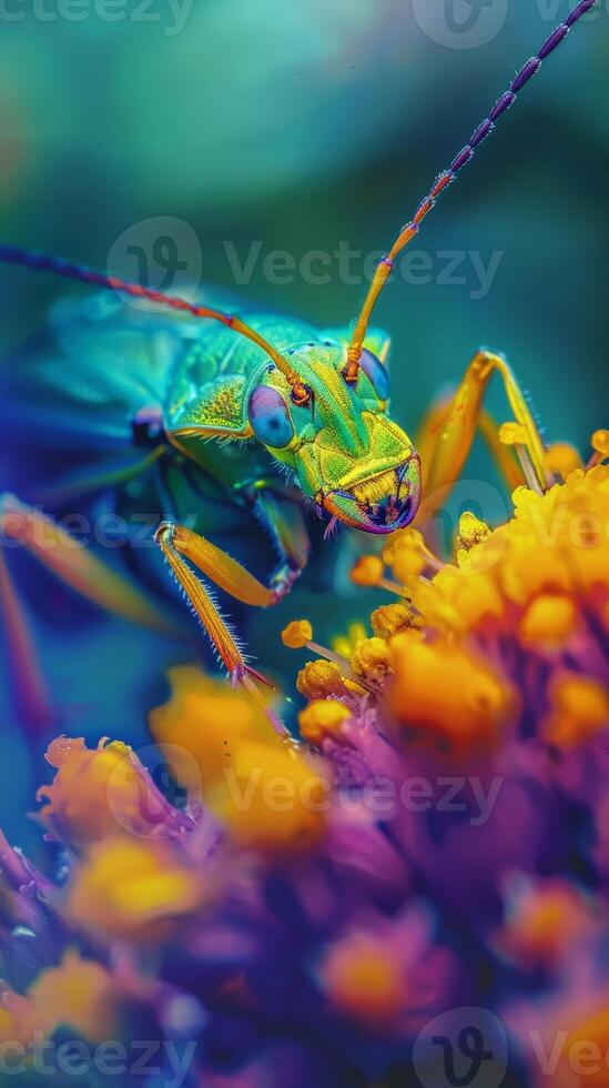 Green insect perched on a purple flower photo