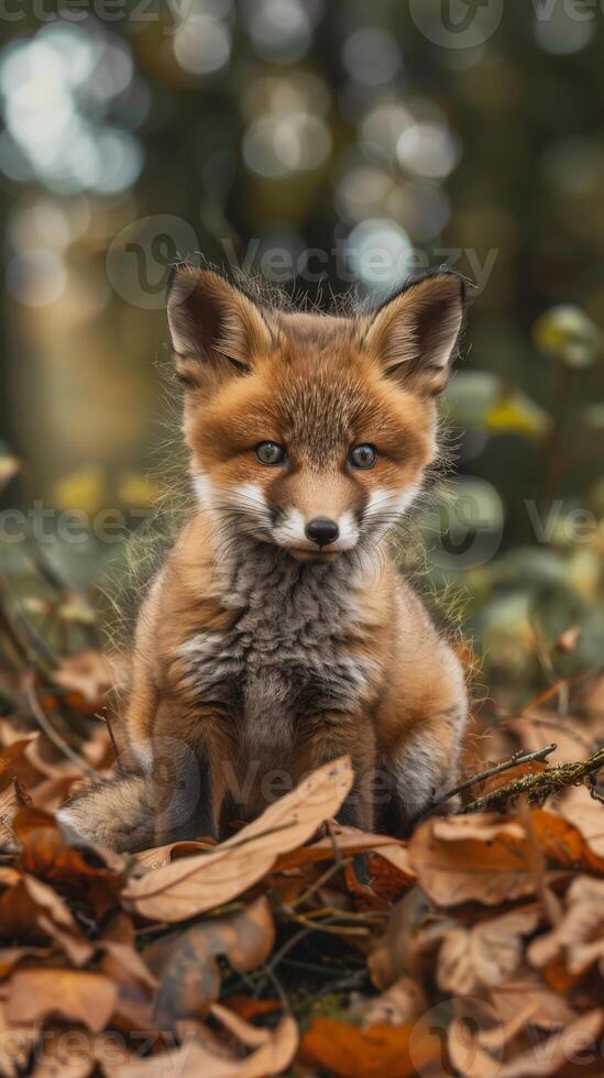 Red fox kit sitting in a pile of leaves photo