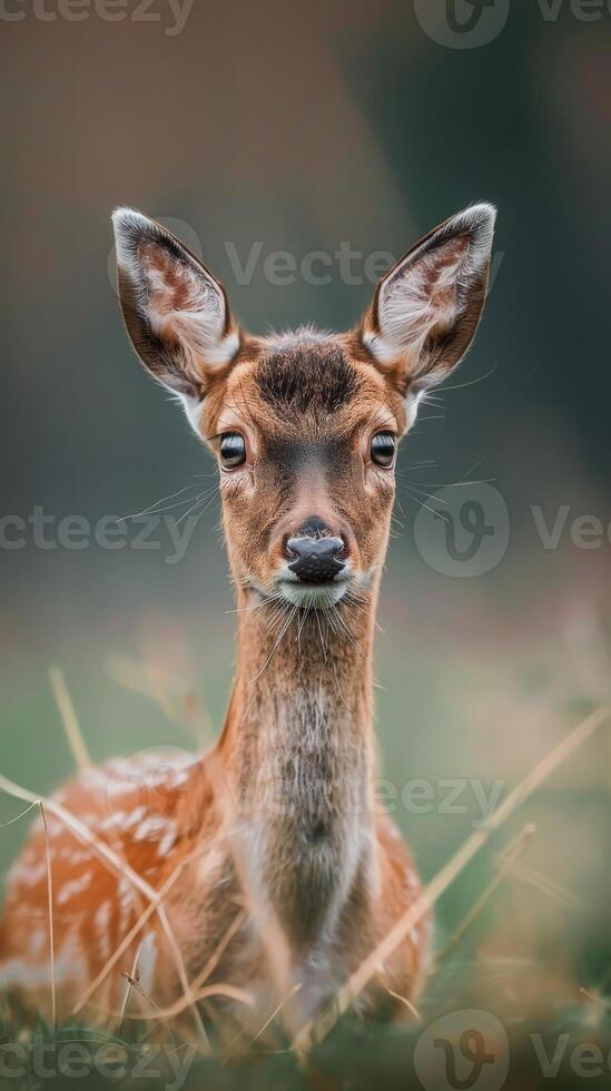 A young fawn looks directly at the camera from within a patch of grass photo