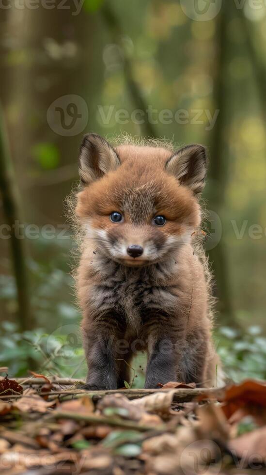 A young fox kit stands in a forest, looking at the camera with curiosity photo