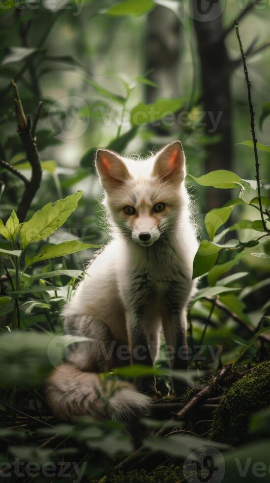 Arctic fox with white fur sits in a forest, looking curiously at the camera photo