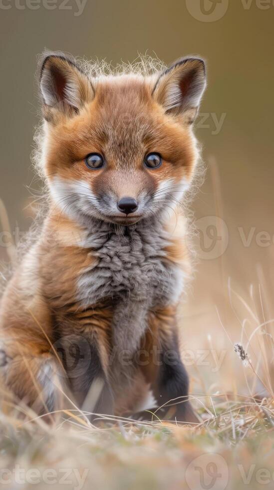 A red fox kit sits in a field of tall grass photo