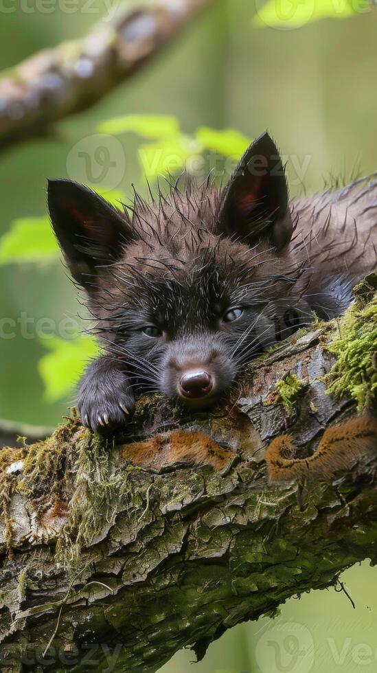 A black fox kit naps on a mossy tree branch photo