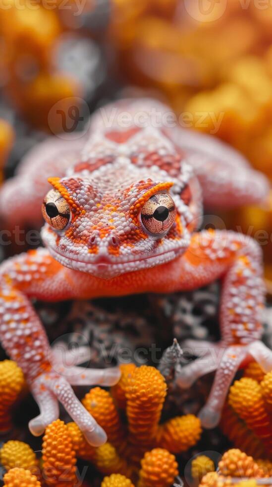 A vibrant gecko with orange and white markings sits in a bed of bright orange flowers photo