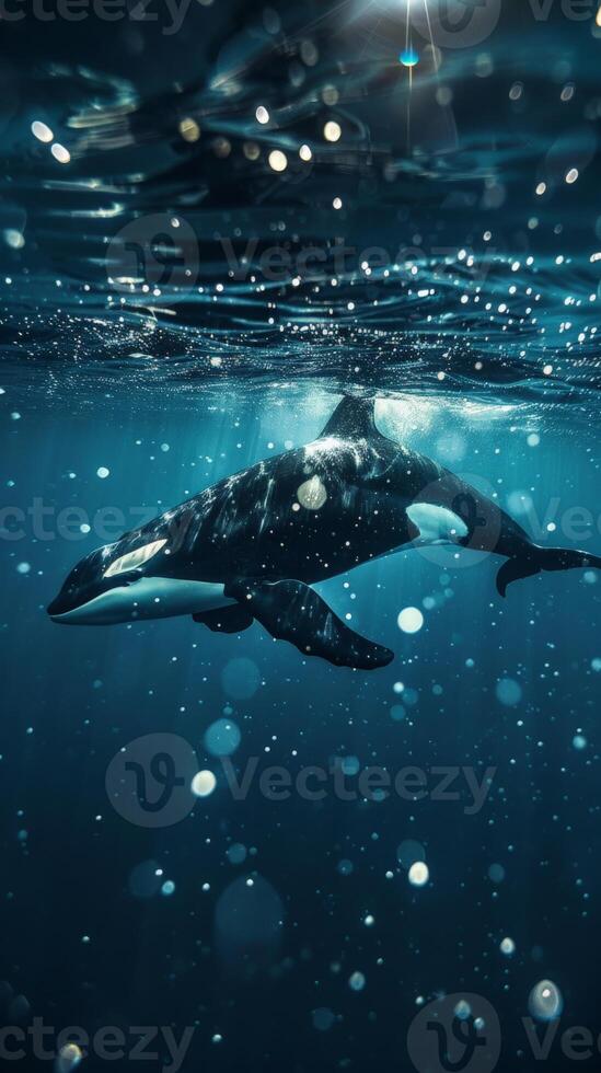Orca swimming underwater in a blue ocean photo