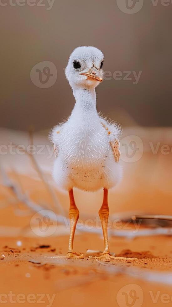 A young crane chick stands on the red dirt, looking inquisitively at the camera photo