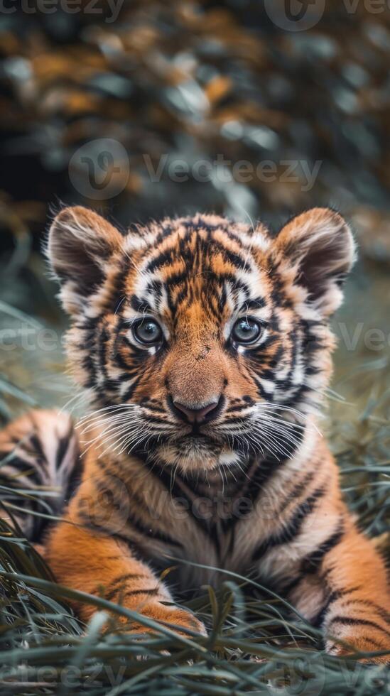 A baby tiger looks at the camera while hiding in the green grass photo