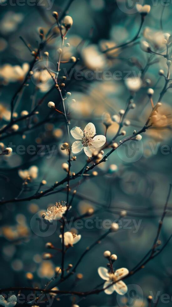 White blossoms bloom on a dark branch photo