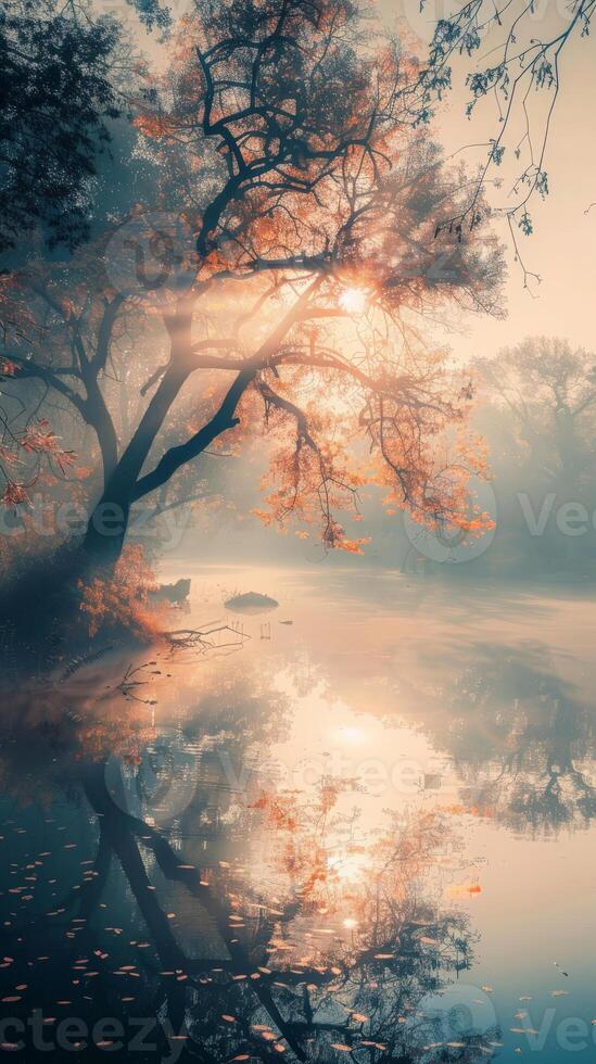 A tree stands tall, branches reaching for morning mist over river photo