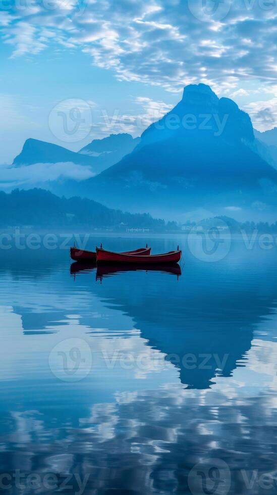 Red boats on a calm lake with a majestic mountain in the background photo