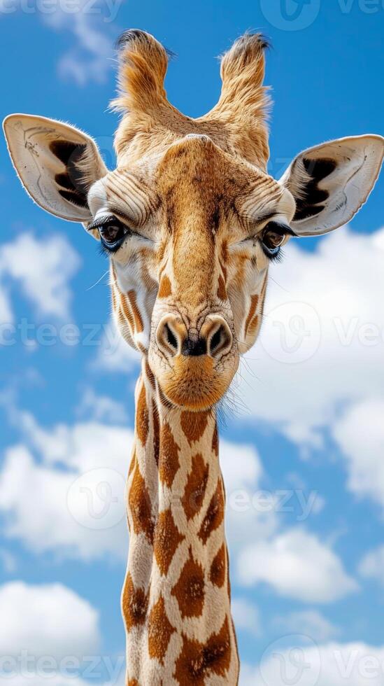 A giraffe with a curious expression looks up at the sky photo