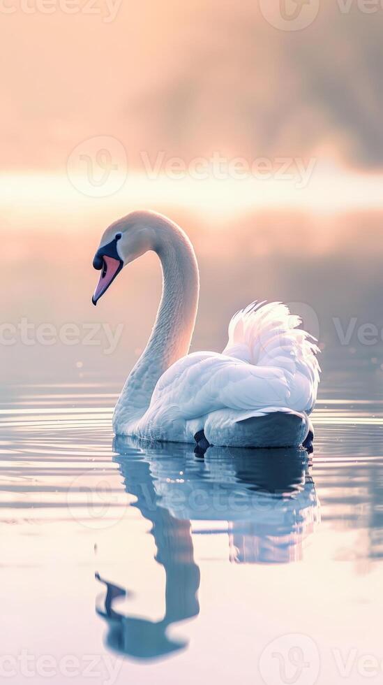 A swan gracefully floats on still water, its reflection mirrored in the tranquil surface photo