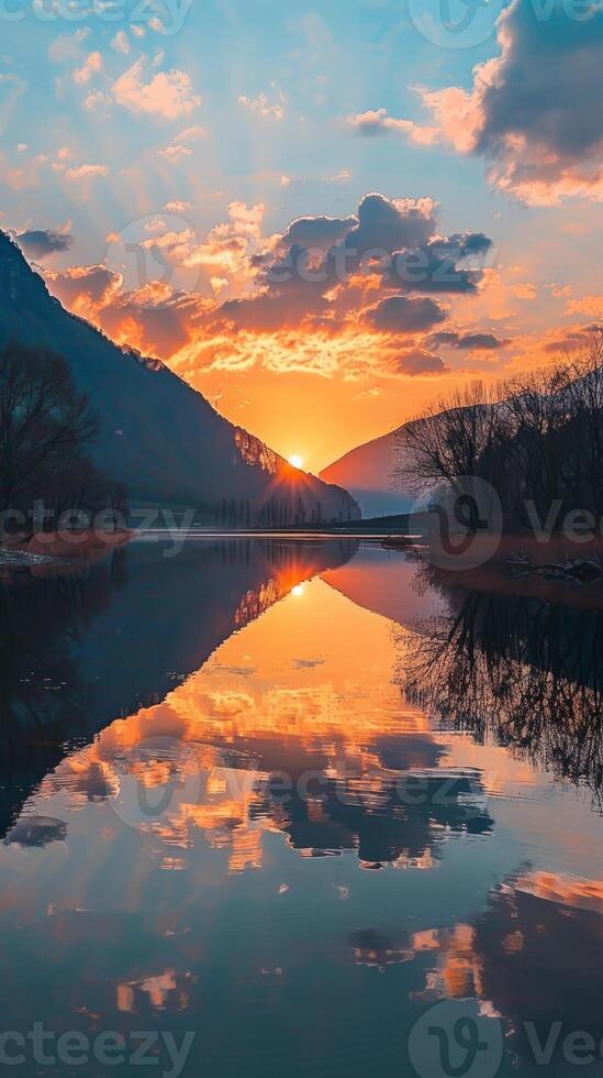A serene lake reflects the vibrant colors of a sunset behind mountains photo