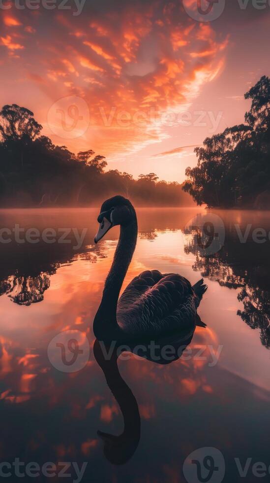 A lone black swan floats on a serene lake at sunset photo