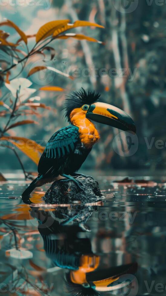 A toucan with vibrant colors sits on a rock in a jungle pool photo