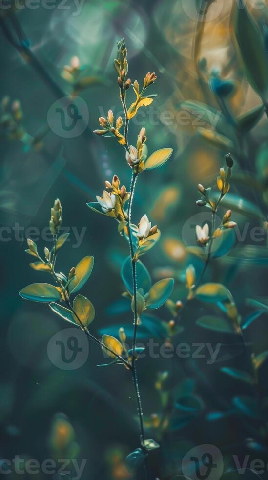 A close-up of a slender branch with white blossoms and green leaves photo