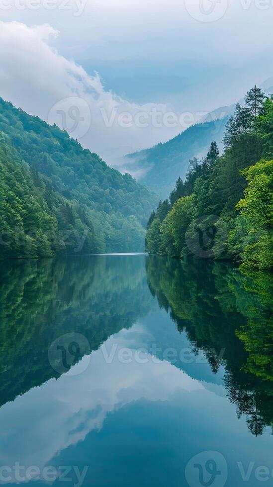 A still lake reflects the cloudy sky and lush green mountains photo