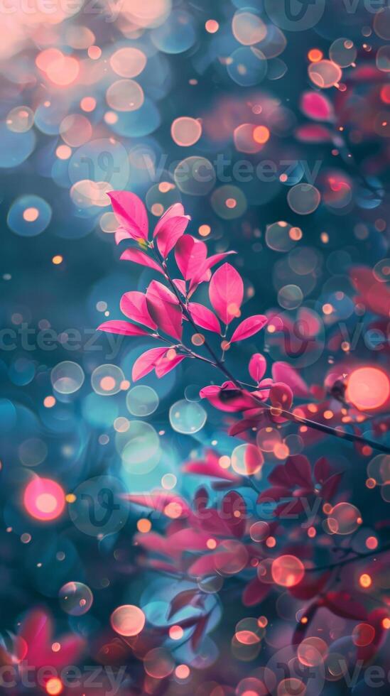 Pink leaves shine brightly against a backdrop of vibrant bokeh photo