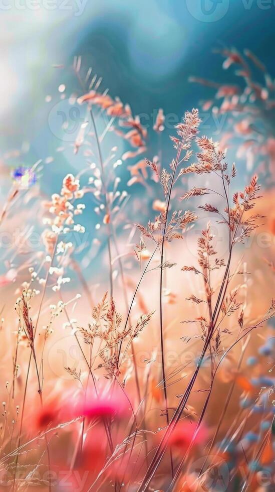 Wildflowers swaying in the gentle breeze with a soft, ethereal glow photo