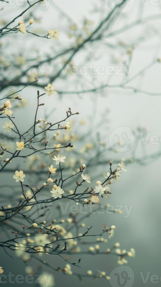 A gentle breeze stirs white blossoms on a foggy morning photo