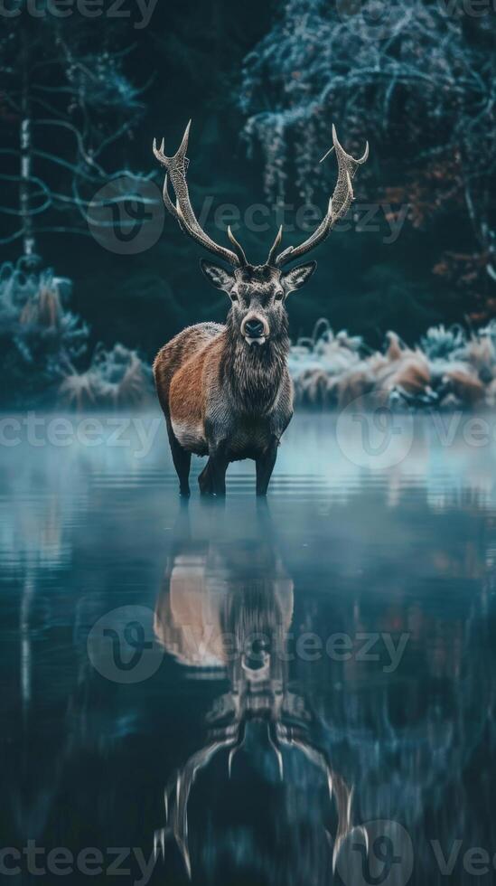 A stag stands in a misty lake, its reflection visible in the water photo