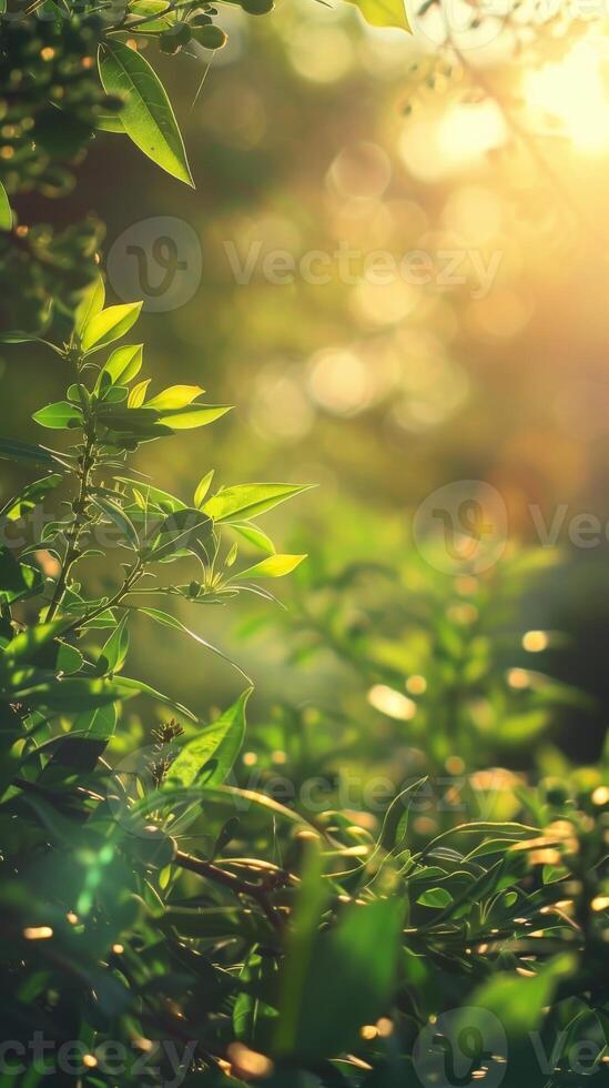 Sunbeams illuminate leaves in a vibrant green forest photo