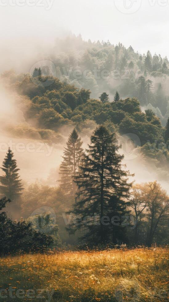 Golden sunlight filters through a misty forest photo
