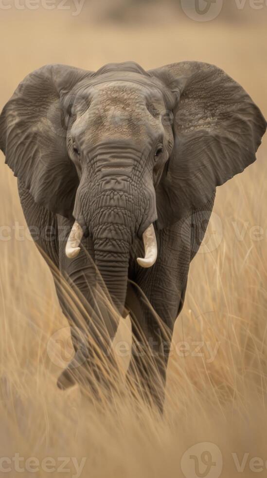 An African elephant walks through grass at sunset photo