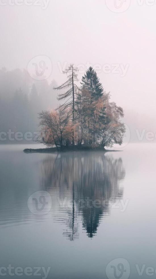 A solitary island emerges from a foggy lake, its trees reflecting in the tranquil water photo