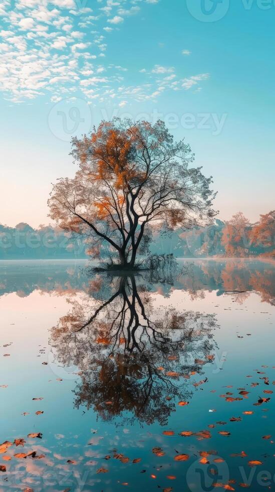A single tree reflects in a calm lake photo