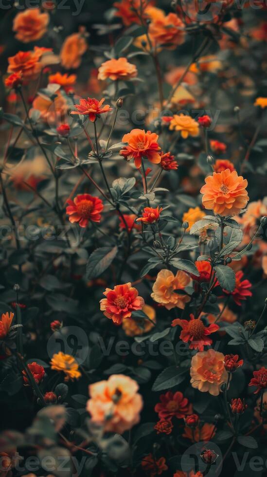 A close-up view of a lush garden filled with vibrant orange and red flowers photo