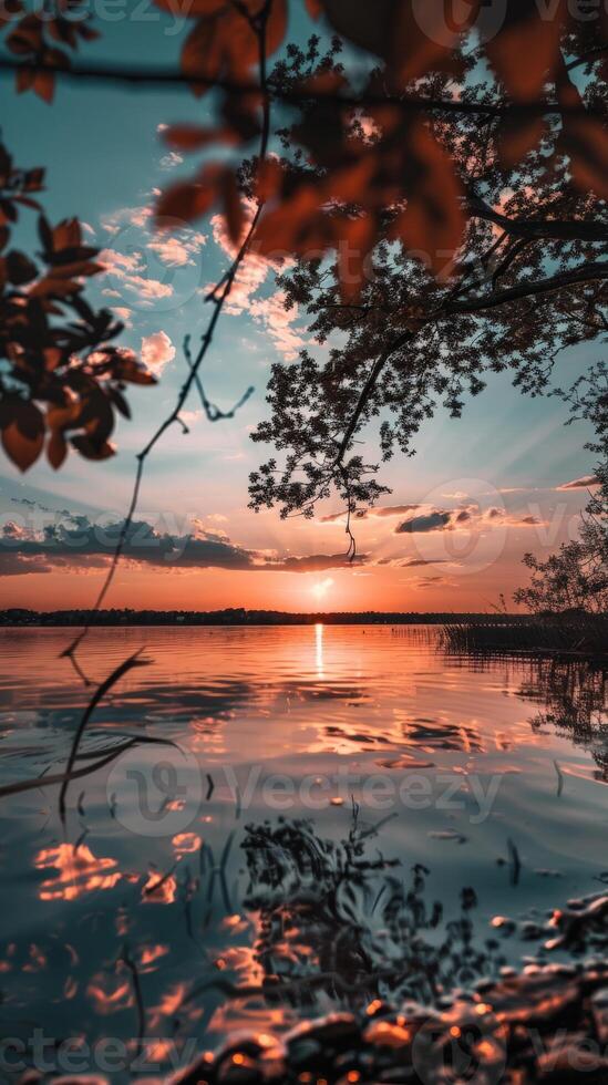 Tranquil lake at sunset with a golden glow photo
