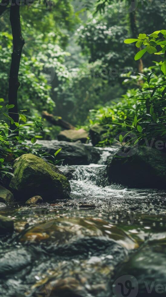 A tranquil stream flows through a dense, green forest photo