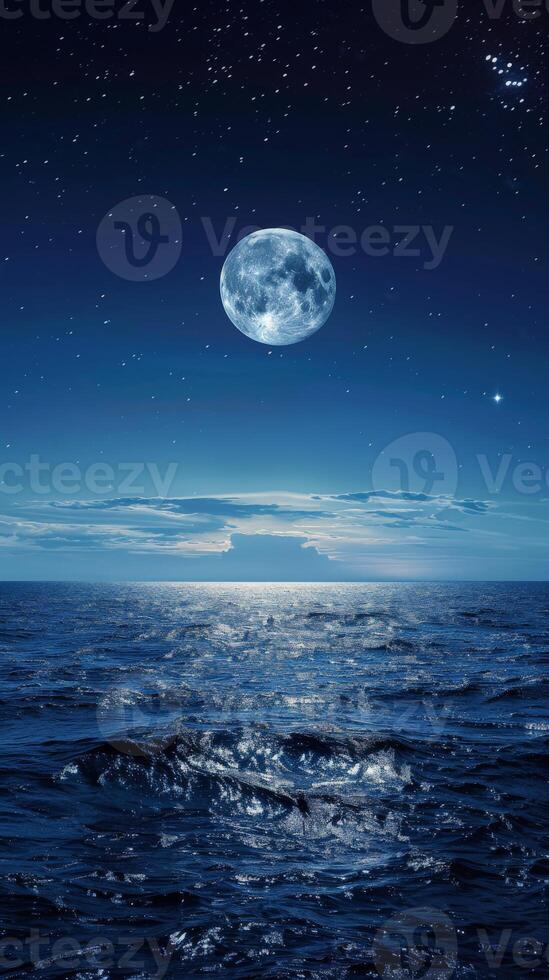 Moonlit night at sea, waves glow in soft light photo