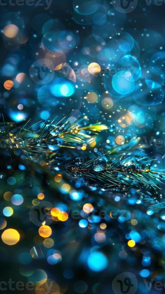 A pine branch with dew drops in a bokeh background photo