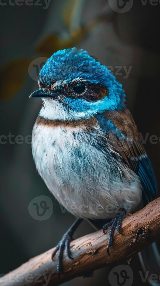 A small bluebird with a bright blue head and white underparts perches on a branch photo